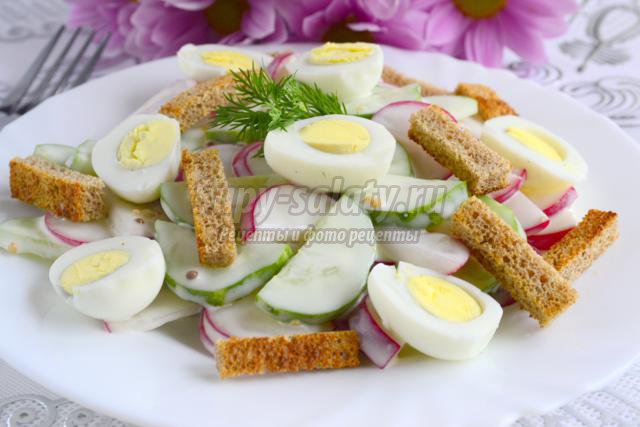 весенний салат с редисом яйцом и крутонами