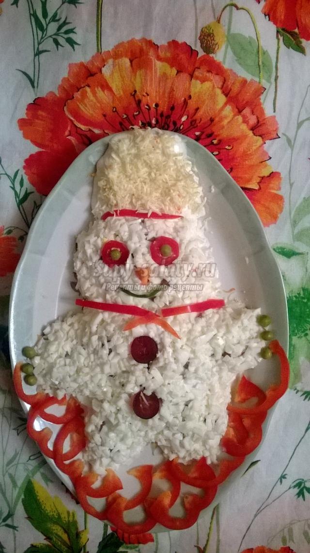 новогодний салат с крабовыми палочками. Снеговик
