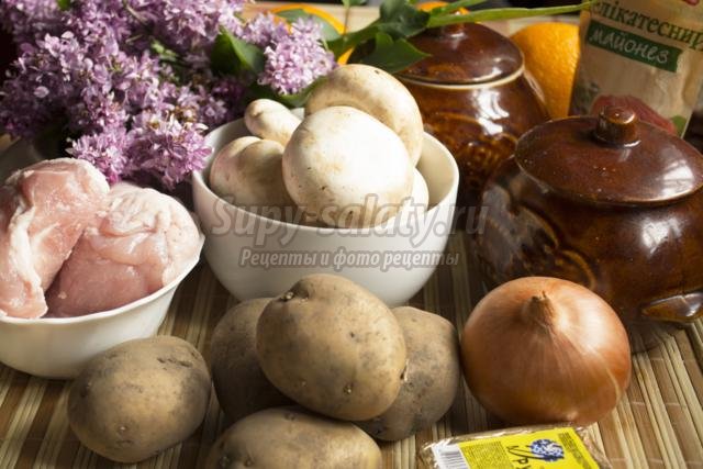 картофель с грибами и мясом в горшочке