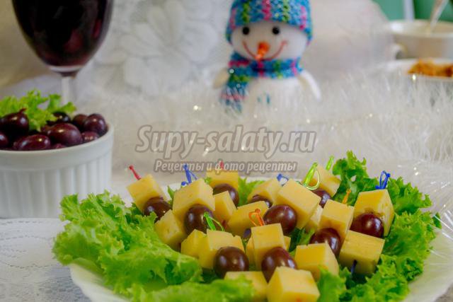 закуска на шпажках к Новому году из сыра и винограда